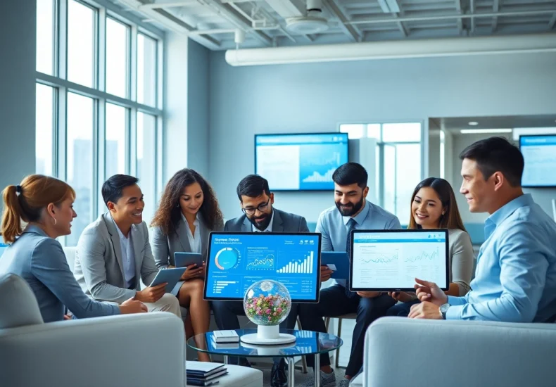 Vérification du numéro de téléphone en ligne : bureau moderne avec des professionnels discutant des processus de vérification des données.