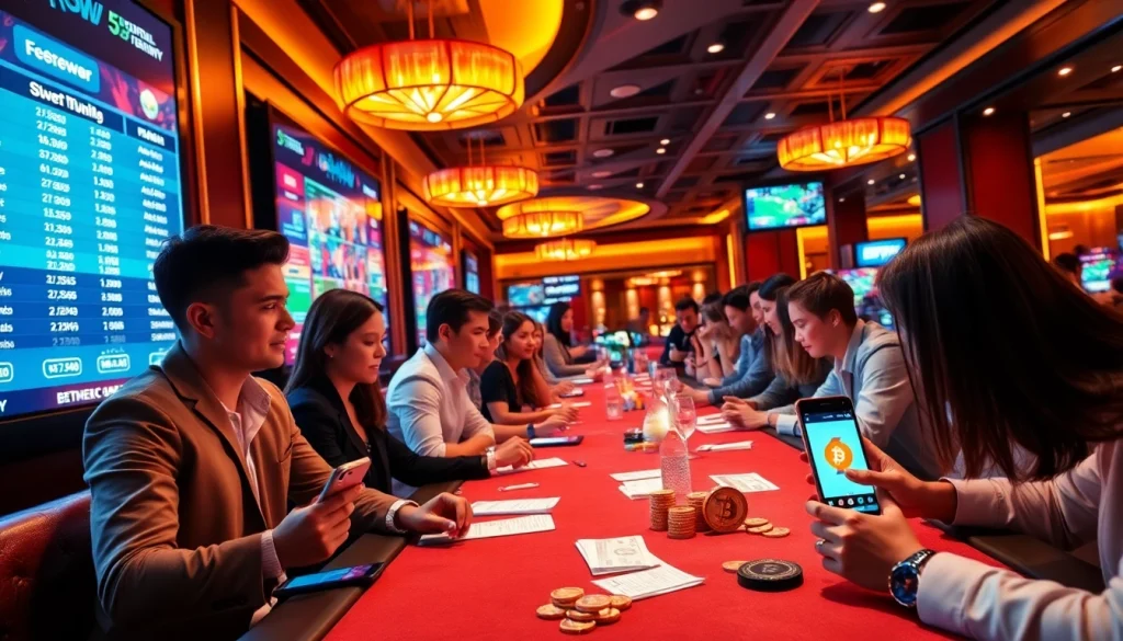 Engaging scene of pari sportif crypto betting with active gamblers at a modern casino.