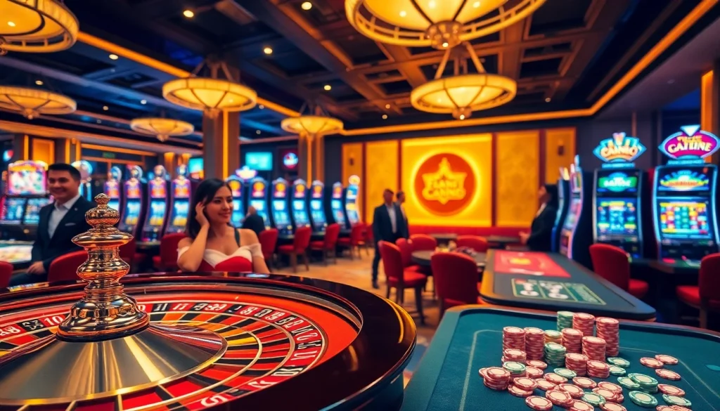A lively casino scene showcasing excitement with mm88bc.com at the forefront, featuring roulette and slot machines.