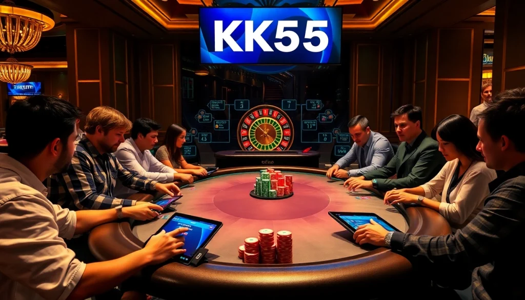 Players strategizing at the KK55 casino poker table, immersed in the thrill of gaming.