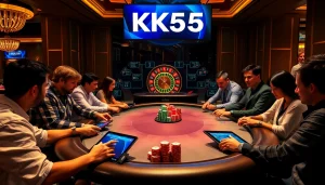 Players strategizing at the KK55 casino poker table, immersed in the thrill of gaming.
