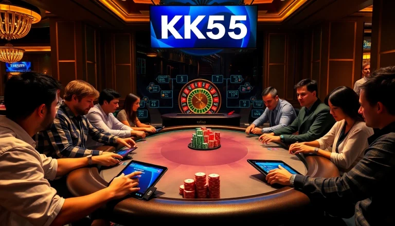 Players strategizing at the KK55 casino poker table, immersed in the thrill of gaming.
