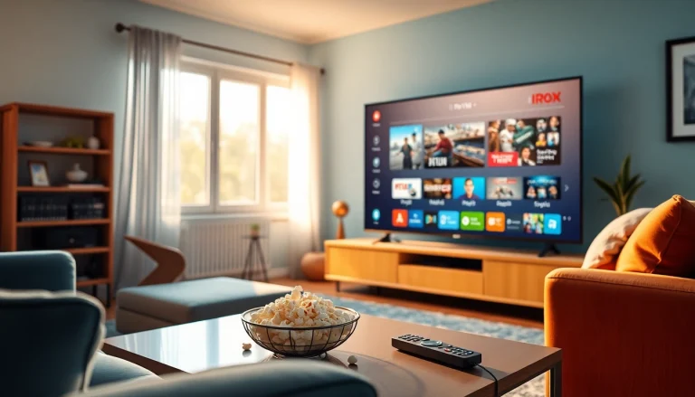 Enjoy movies and sports with Iron tv pro on Smart TV in a cozy living room setting.