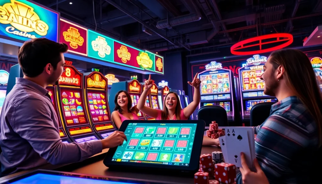 Jeu captivant de casino en ligne 2026 montrant des joueurs heureux et des machines à sous animées.