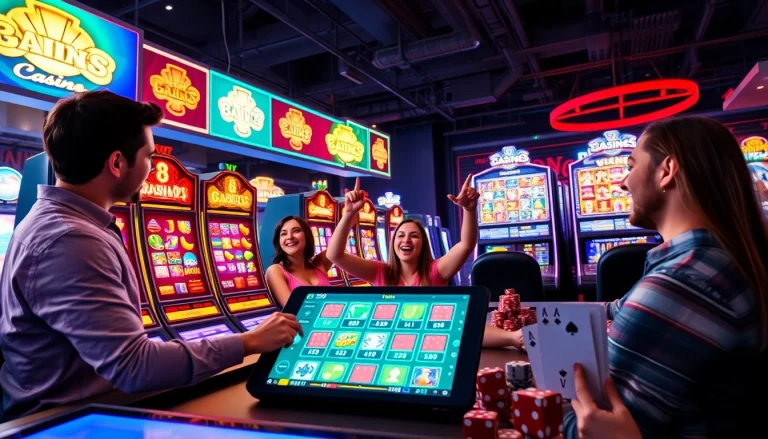 Jeu captivant de casino en ligne 2026 montrant des joueurs heureux et des machines à sous animées.