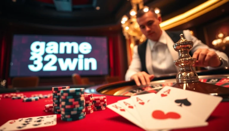 Experience the excitement of game 32win with a vibrant casino scene featuring roulette and poker.