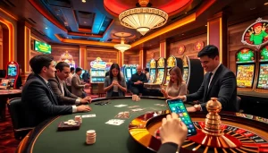 Engage in thrilling games at RIKVIP's vibrant casino scene with players, cards, and roulette.