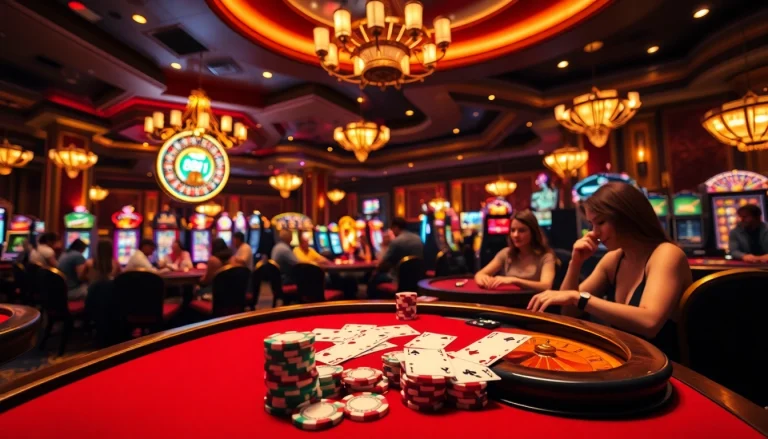 Players enjoying poker and roulette games at the luxurious 88i casino, showcasing thrilling gambling action.