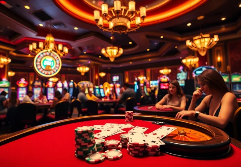 Players enjoying poker and roulette games at the luxurious 88i casino, showcasing thrilling gambling action.