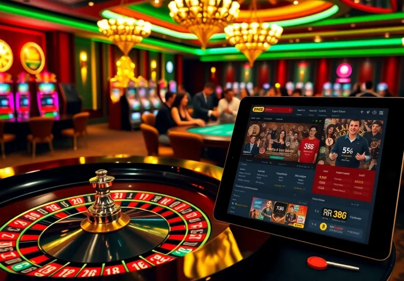 Experience thrilling gambling at RR88 with vibrant casino visuals, roulette, poker, and online interfaces.