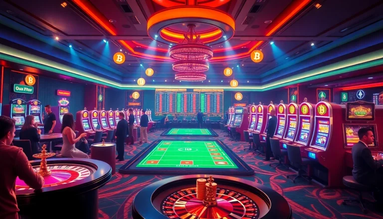 Experience the thrill of pari sportif crypto betting in a luxurious casino environment filled with vibrant colors.