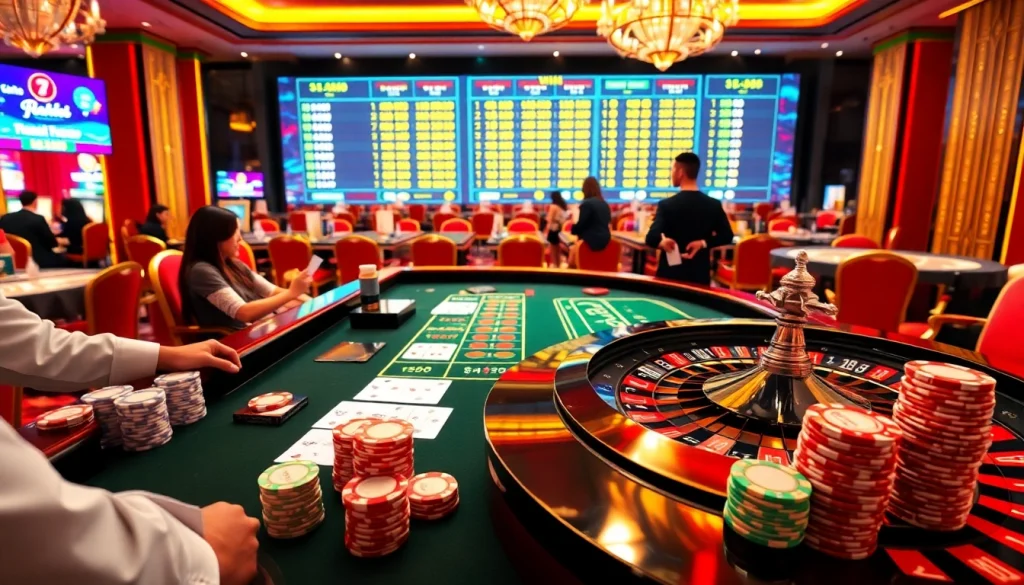 Soi Cầu XSMB Win2888 Asia players enjoying an exciting casino atmosphere with vibrant tables and betting slips.