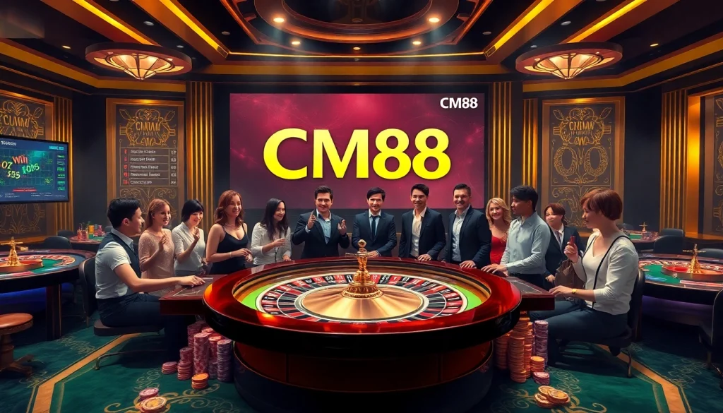 Experience thrilling gambling action with CM88, showcasing an elegant casino table and excited players.