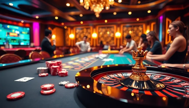 Crown88 players enjoying a thrilling game at an elegant casino table with vibrant chips and cards.