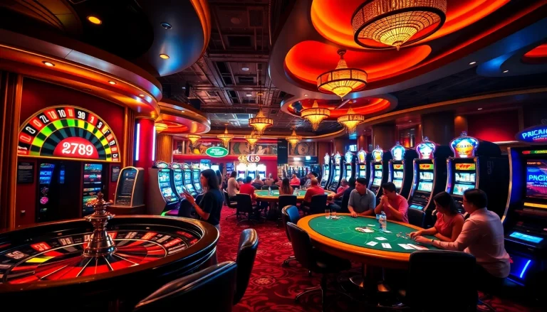Exciting gameplay at 789 club with vibrant poker tables and slot machines.