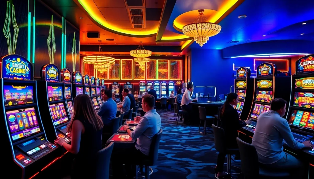 Vibrant nouveau casino en ligne atmosphere with players enjoying various games and elegant decor.