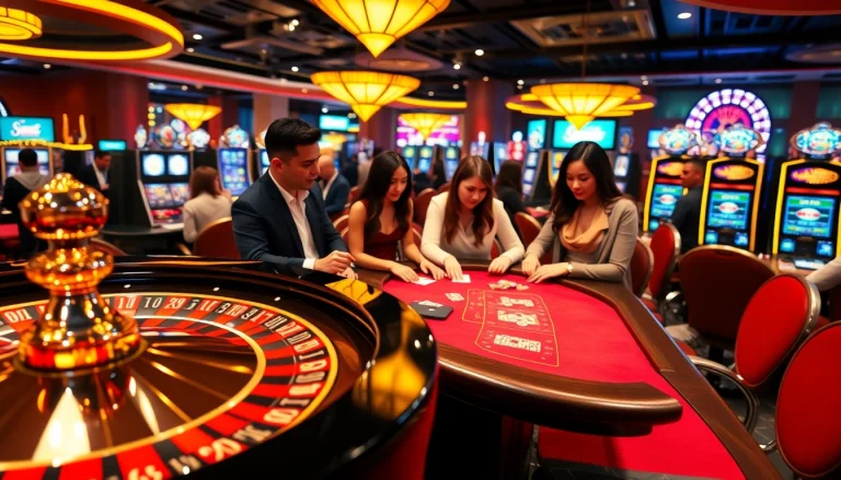 Découvrez le meilleur casino en ligne avec des joueurs enthousiastes autour de tables de jeux.