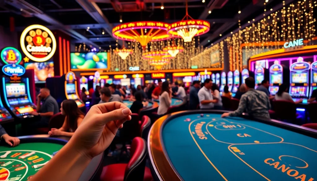 Profitez des jeux d'un casino en ligne Bitcoin avec des joueurs enthousiastes et des lumières vives.