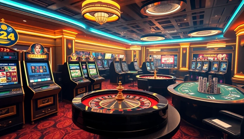 Espace de jeu numérique captivant mettant en avant le casino en ligne crypto avec des machines à sous colorées et une roulette.