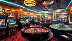 Espace de jeu numérique captivant mettant en avant le casino en ligne crypto avec des machines à sous colorées et une roulette.