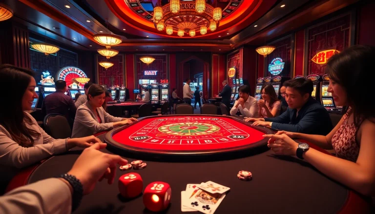 Players enjoying a thrilling game of Tai Xiu with vibrant dice and colorful chips.
