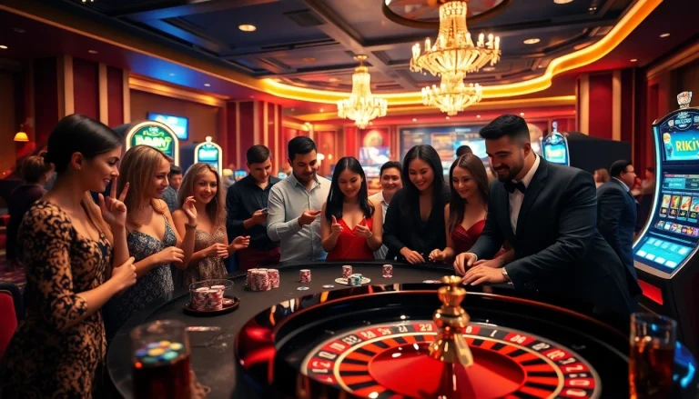 Experience thrilling online gaming with Rikvip, featuring poker chips, slot machines, and an engaging atmosphere.