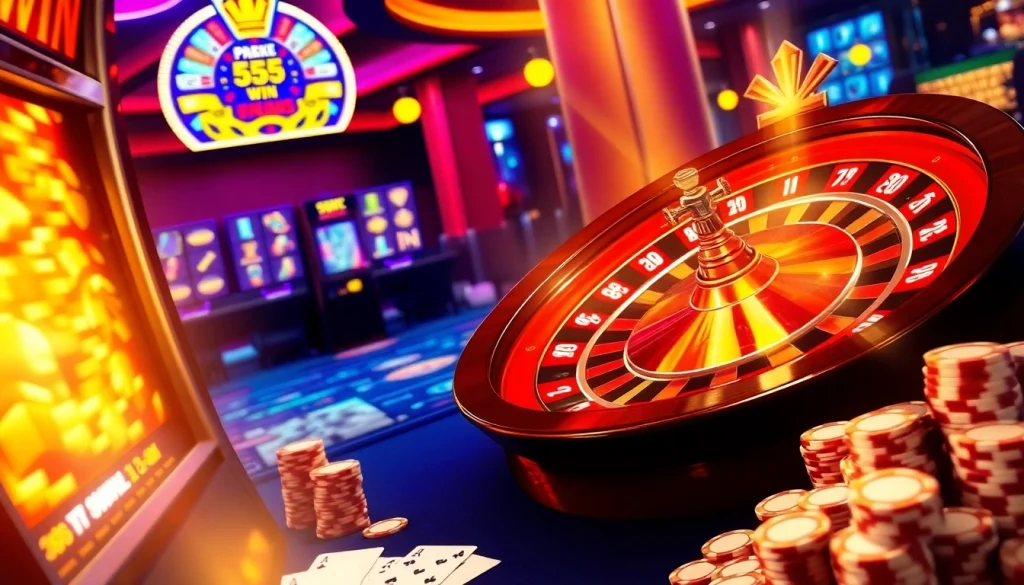 Excited players celebrating their 555 win surrounded by a vibrant casino atmosphere.