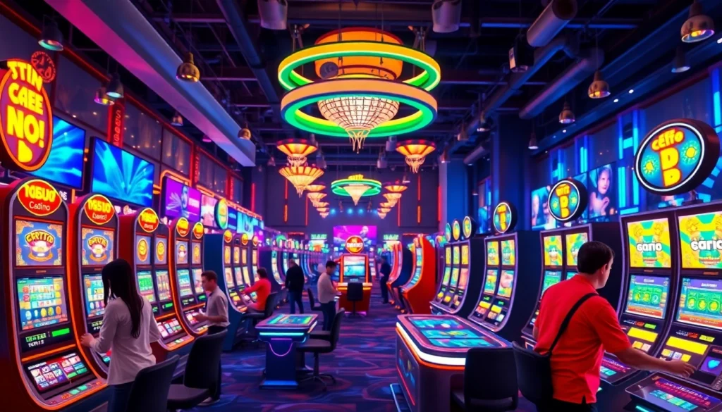 Joueurs s'amusant aux machines de crypto casinos dans un environnement dynamique.