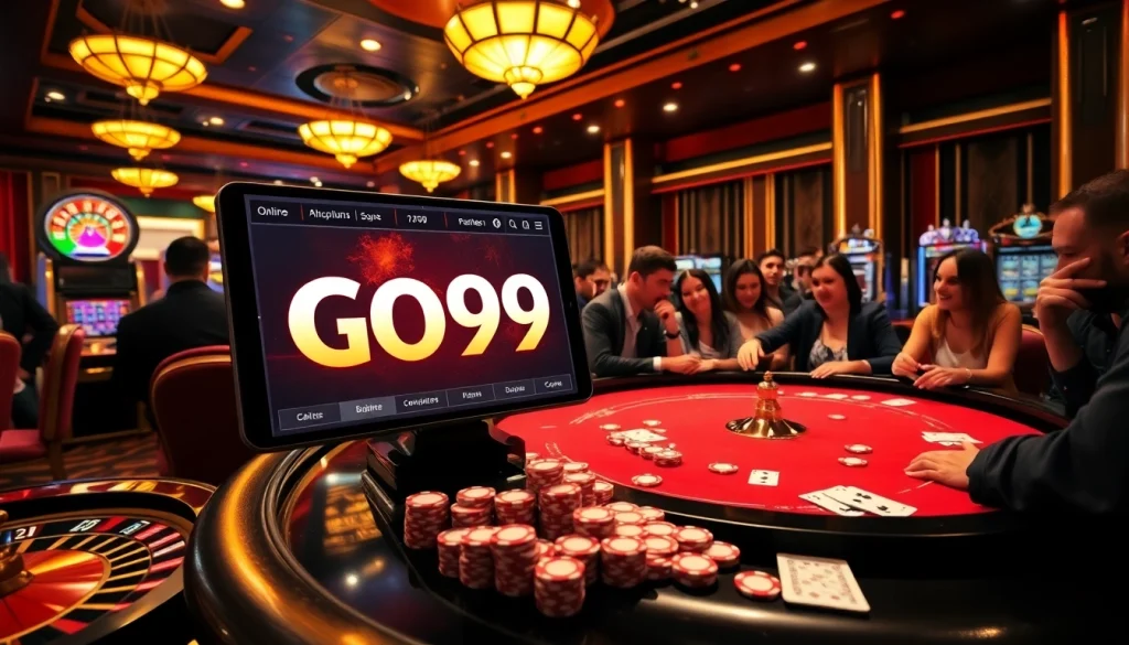 Exciting scene of Go99 online gambling, showcasing vibrant slot machines and roulette wheels.