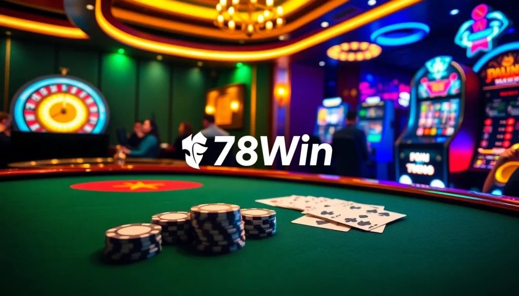 Action-packed casino ambiance highlighting Nhà cái 78Win with vibrant roulette and poker elements.