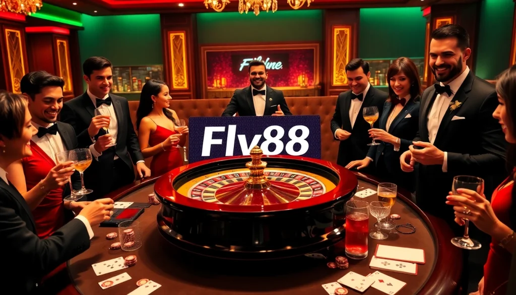 Experience the excitement of Fly88 with players at a luxury roulette table in a vibrant casino setting.
