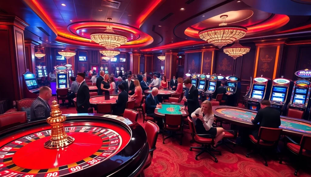 Exciting casino scene showcasing roulette, poker, and slot machines at https://www.qq8827.com/, emphasizing dynamic gameplay.