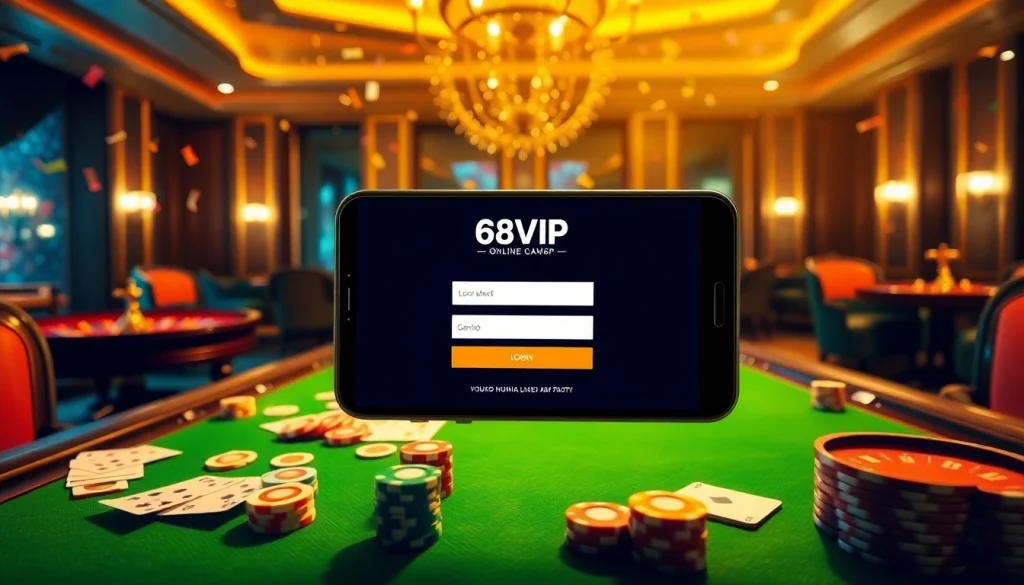 Experience luxury gaming with Đăng Nhập Nhà Cái 68VIP in a vibrant casino ambiance filled with cards and chips.