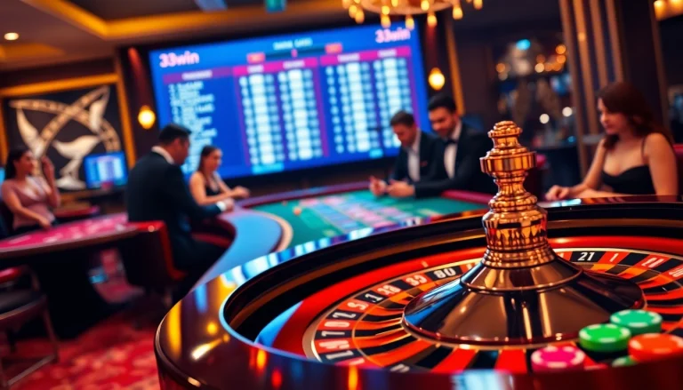 Players enjoying a thrilling game at 33win casino with roulette and vibrant chips.