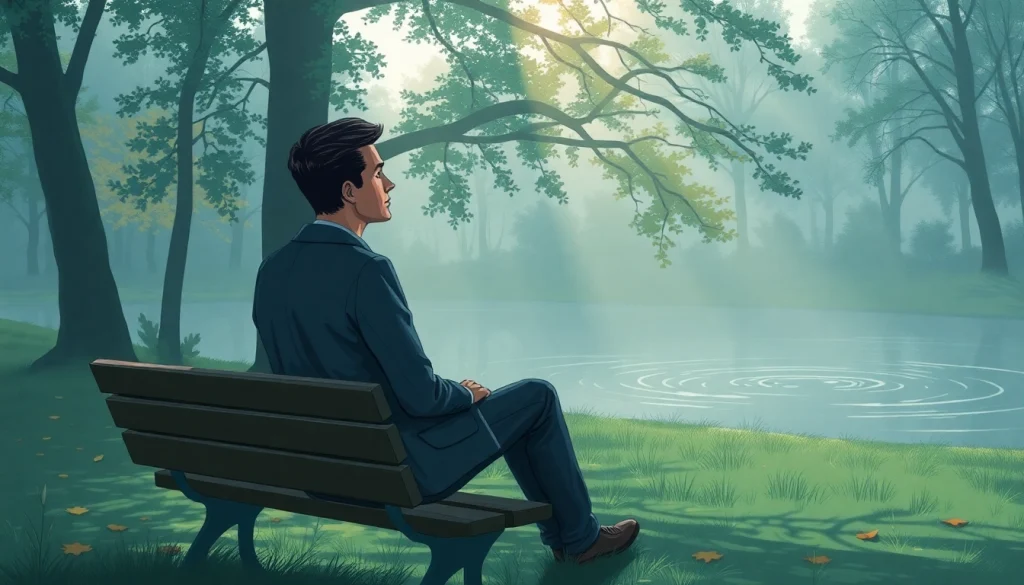 Illustration depicting a person grappling with depression symptoms in a serene outdoor environment.
