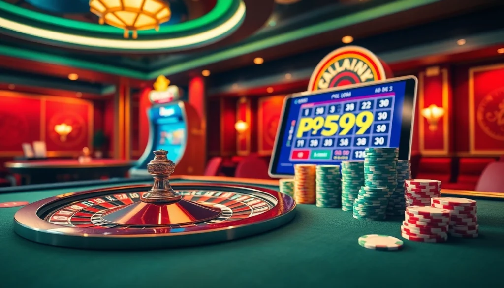 Engaging online gambling scene at PS99 COM featuring poker chips and a roulette wheel.
