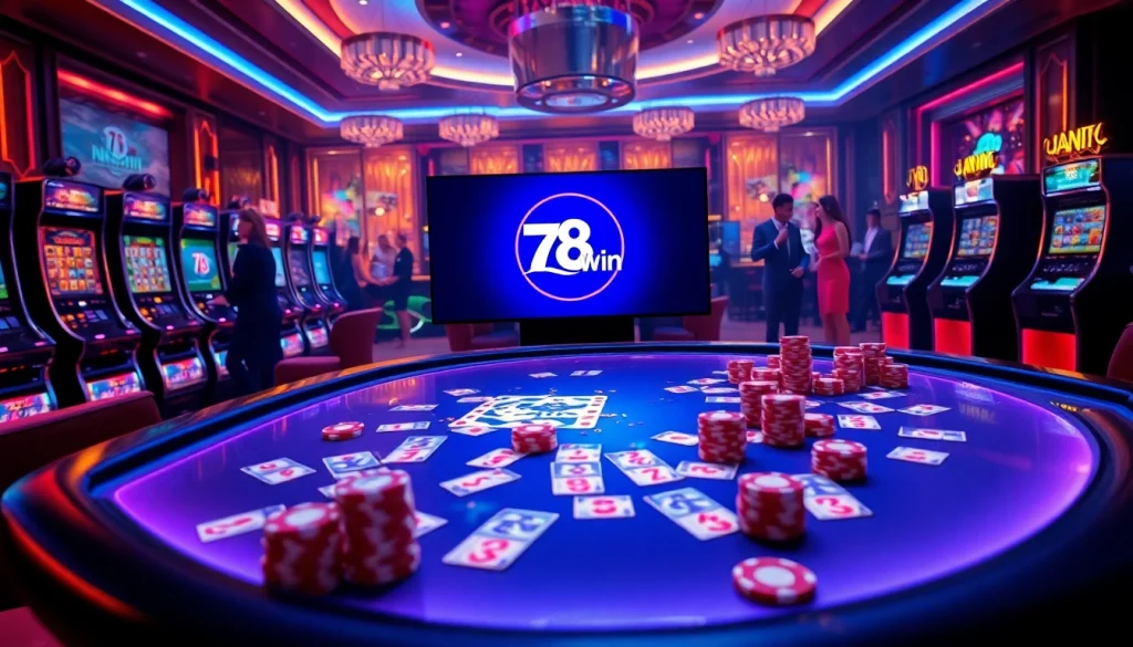 Engaging gamblers at Nhà cái 78Win with vibrant casino visuals showcasing tables and slot machines.
