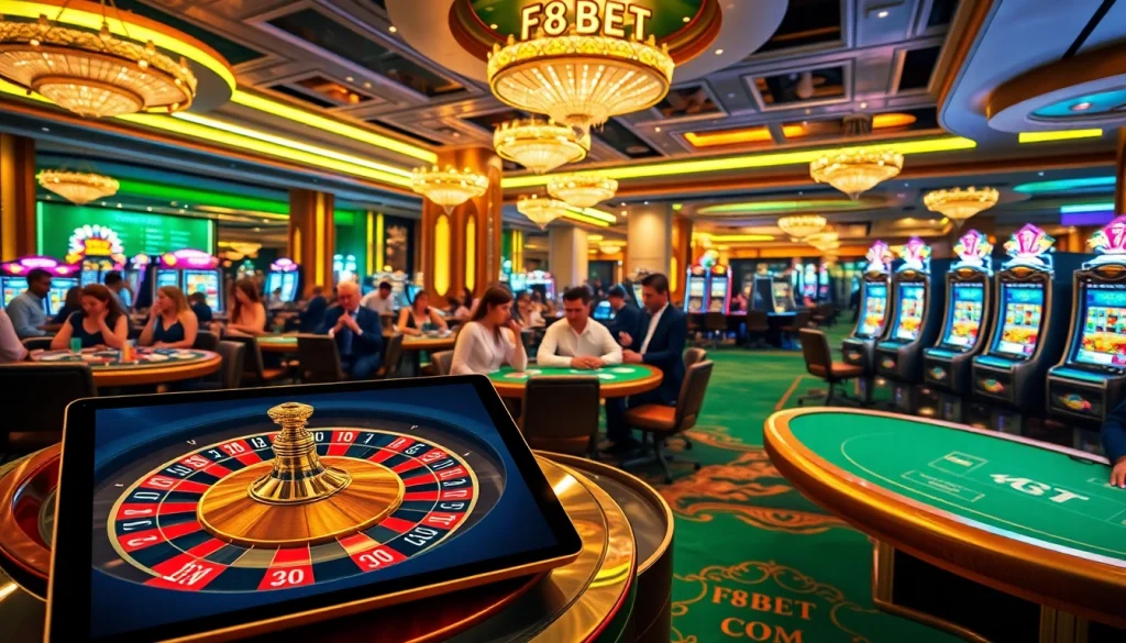 Players engaging at F8BET COM casino tables featuring poker, slots, and roulette.