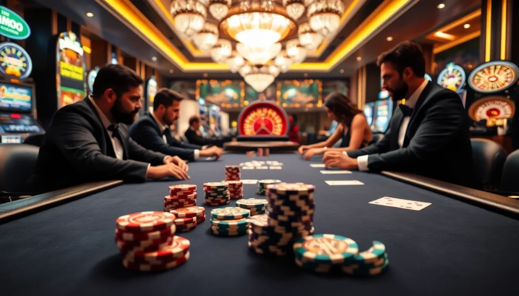 MMOO players strategizing at a luxurious poker table in a vibrant casino environment.